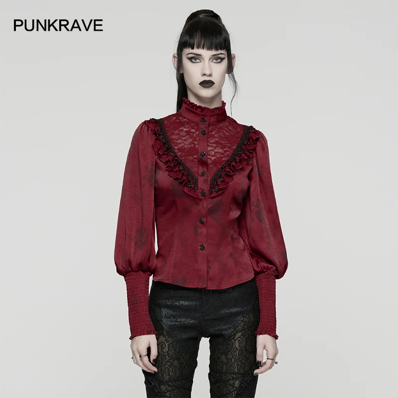 

PUNK RAVE Women's Gothic Non-stretch Rose Ruffled Retro Lantern Sleeves Night Shirt Elegance Romance Exquisite Tops Two Colors