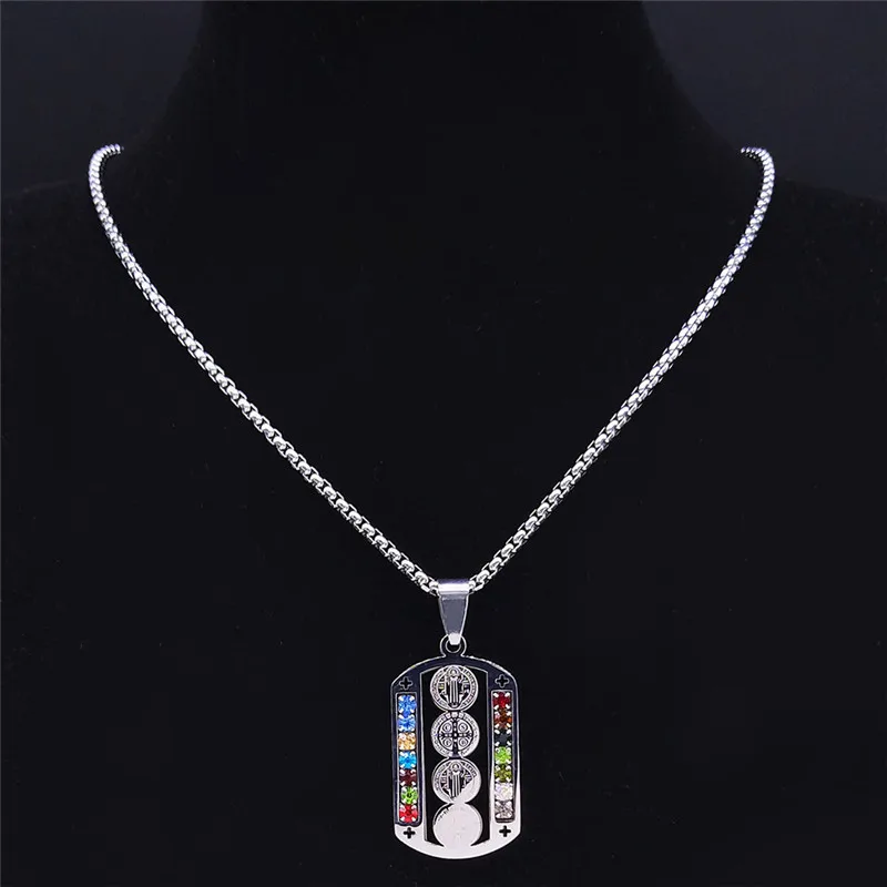 Edelstahl Klassische Katholische Jesus-Kreuz-Halskette Heiliger Benedikt Kristall Jungfrau Maria Anhänger Kruzifix Herren-Halsketten Schmuck – Detail 2