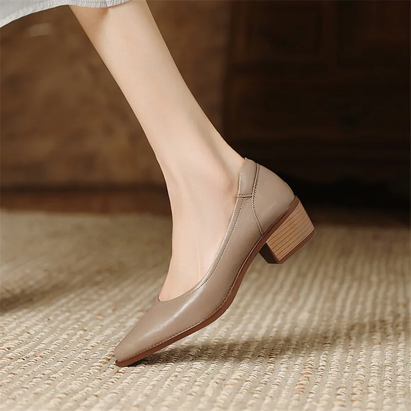 2023 Spring/Autumn Pointed Toe Women Pumps Chunky Heels Genuine Leather Loafers Shoes for Women Ladies Shoes Zapatos De Mujer