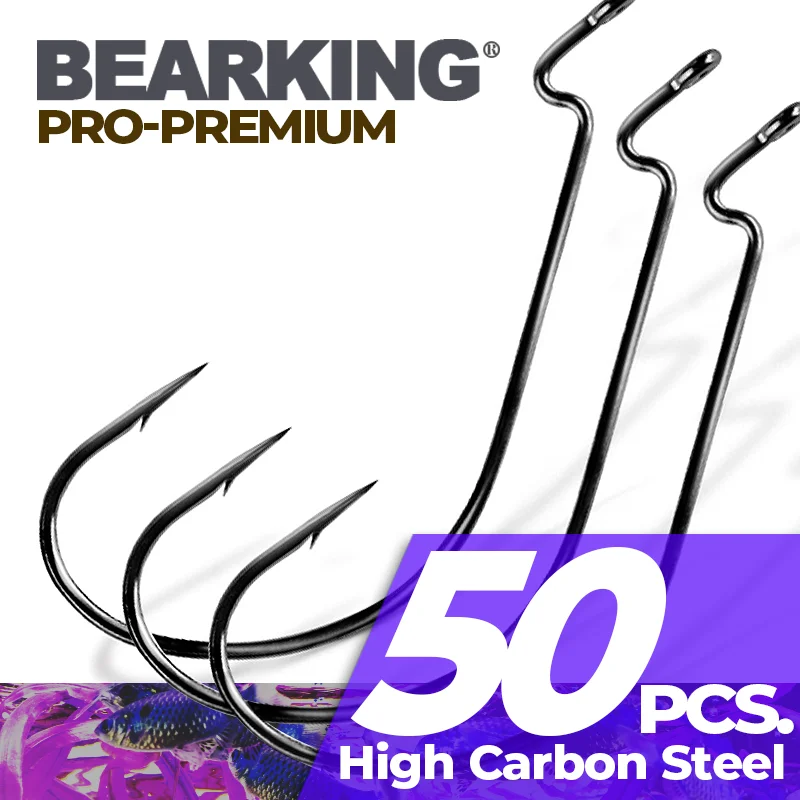 BEARKING 50pcs Per Lot Fishing Soft Lure Worm Hooks High Carbon Steel Wide Super Lock Fishhooks Jerk Hooks Bait Tackle