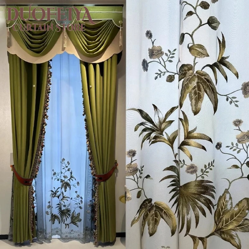 

New Chinese Embroidered Window Screen Matcha Green Velvet Lace Splicing Thickened Curtains for Living Room Bedroom French Window