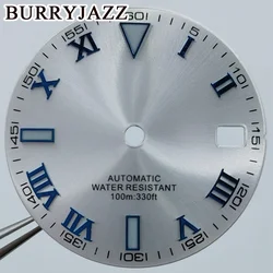 BURRYJAZZ 28.5mm No Logo NH35 4R35 Watch Dials Silver Blue Dial Green Luminous Fit 3 O'clock Case Crown