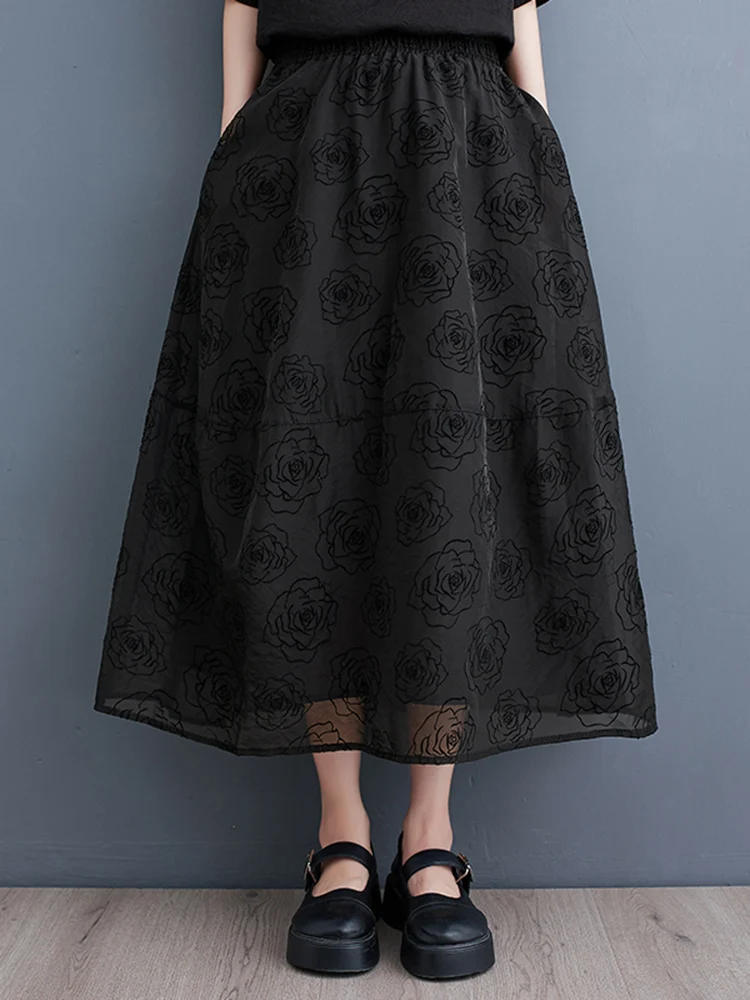 

Organza Black Vintage Floral High Elastic Waist Skirt Women New Summer Loose Casual Long Skirts Clothing Fashion Streetwear 2023