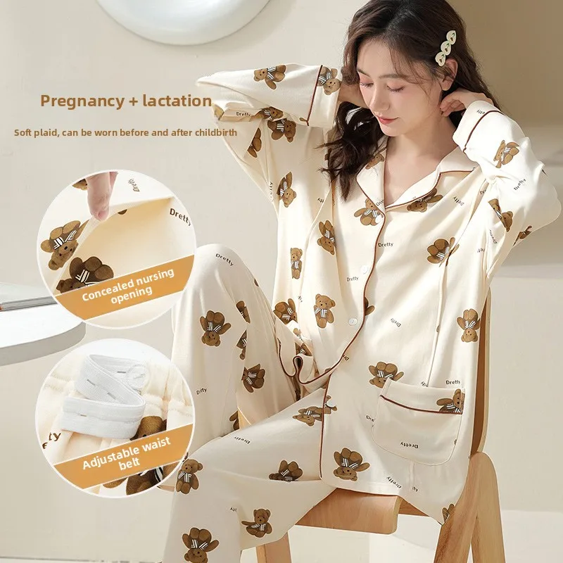 

Pregnant & Postpartum Cotton Pajamas Set - Autumn Winter Warm Long-Sleeved Loungewear with Breastfeeding Openings, Plus Size