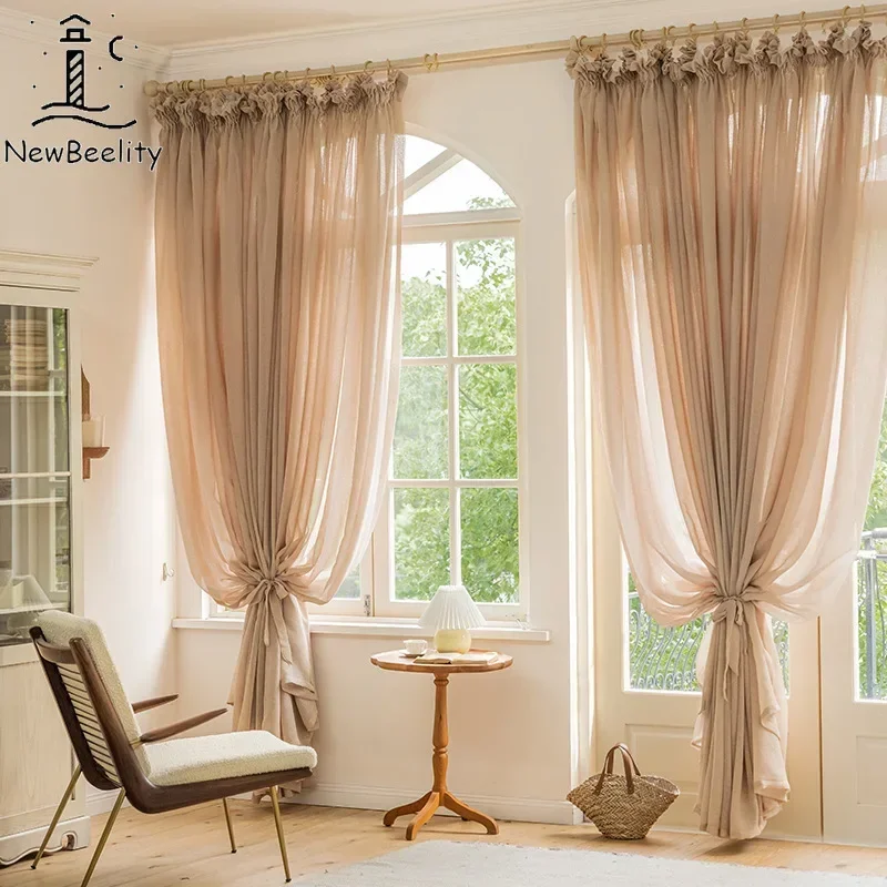 Simple Modern Fine Linen Drawstring Thin Curtains for Living Room Bedroom Restaurant Window Blackout Decor Gauze Fabric Custom