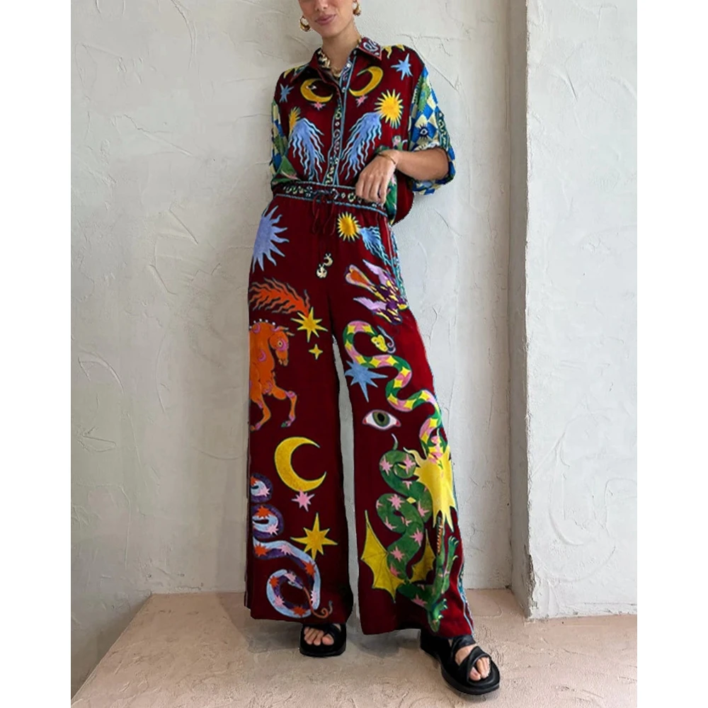 Ensemble Femme Roll Up Sleeve Shirt & Wide Leg Pants Set Abstract Print Two Piece Sets Womens Outifits Summer y2k Clothes Women