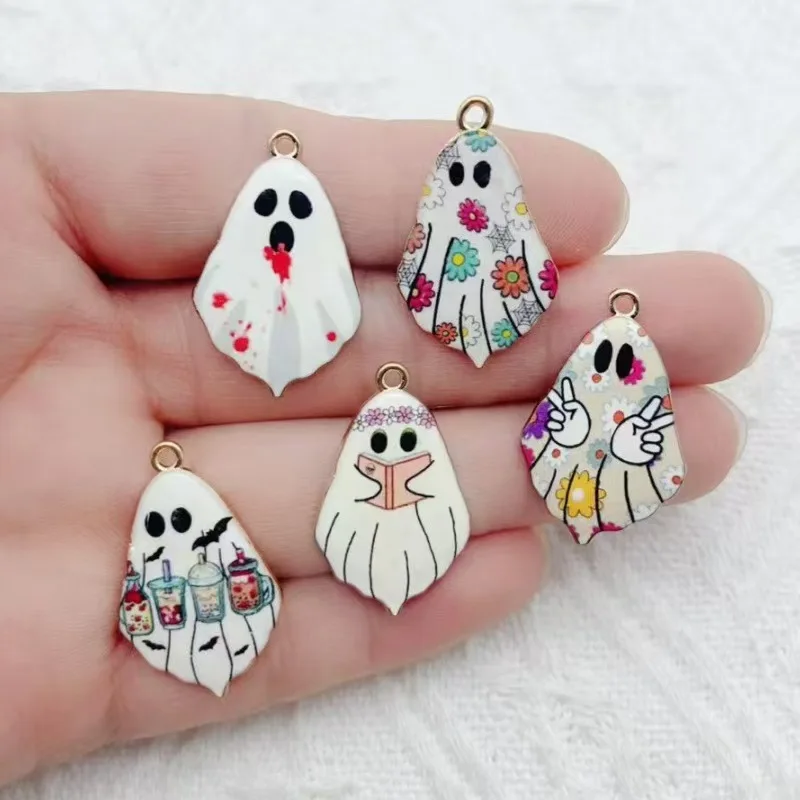 10pcs Cross border Halloween Gothic style Cute Ghost Alloy Printed Pendant DIY Earrings Necklace Keychain Pendant