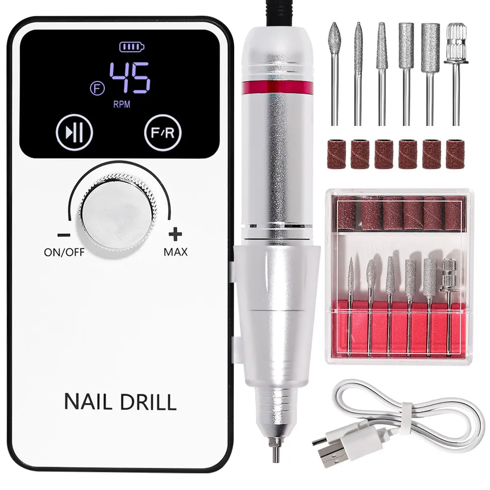

45000RPM Professional Nail Drill Machine Rechargeable Low Noise Electric Nail Drill Sander File for Manicure Gel Polish Tool