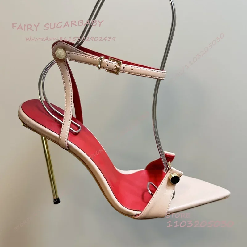 Black Patent Leather Matte Pointed Open Sandals Women Rivet Link Metal Heel Ankle Chain Buckle Red Dress Hollow Shallow Shoes view 4