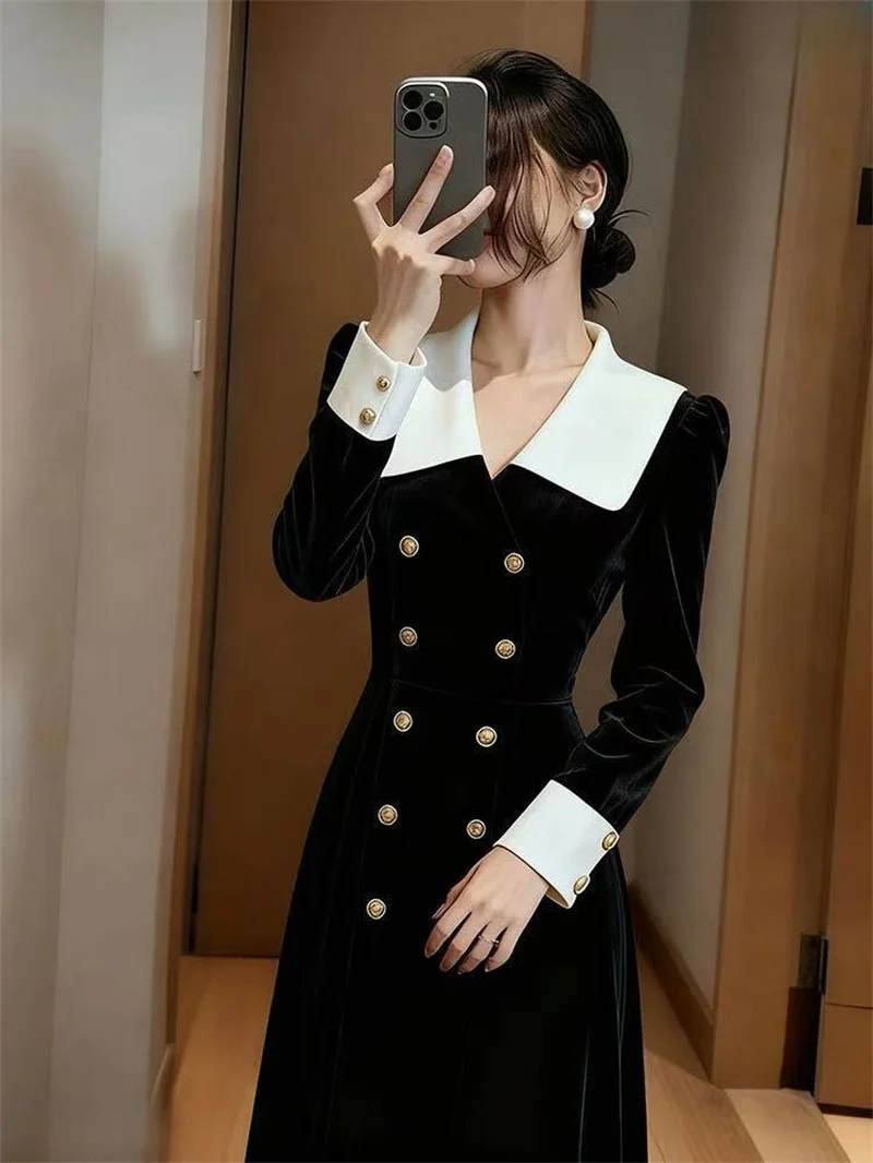 Long Sleeved Patchwork Dress For Aautumn 2026 New High-end French Style Waistband Slimming Goddess Style Versatile A-line Skirt