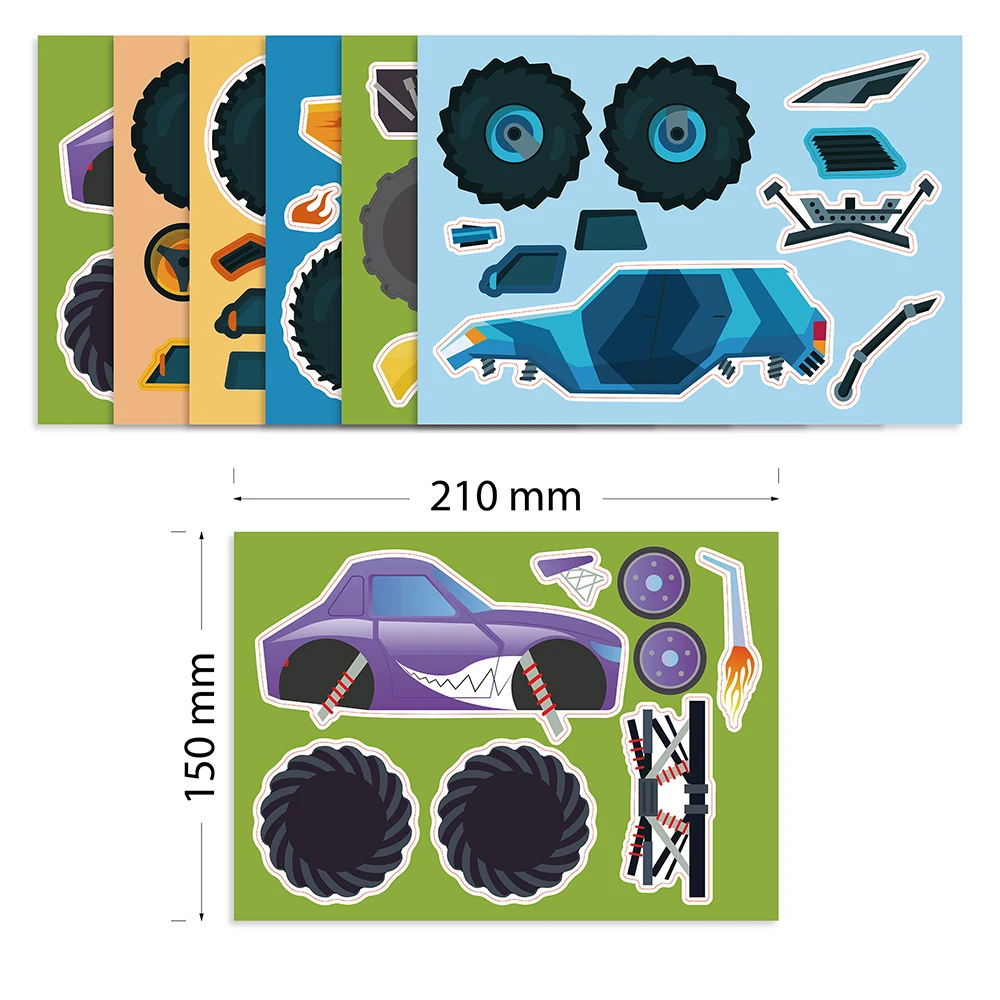 6/12 fogli adesivi puzzle camion Crea il tuo adesivo per assemblaggio auto Monster Truck Bambini Regalo per bambini Giocattoli fai da te Divertenti