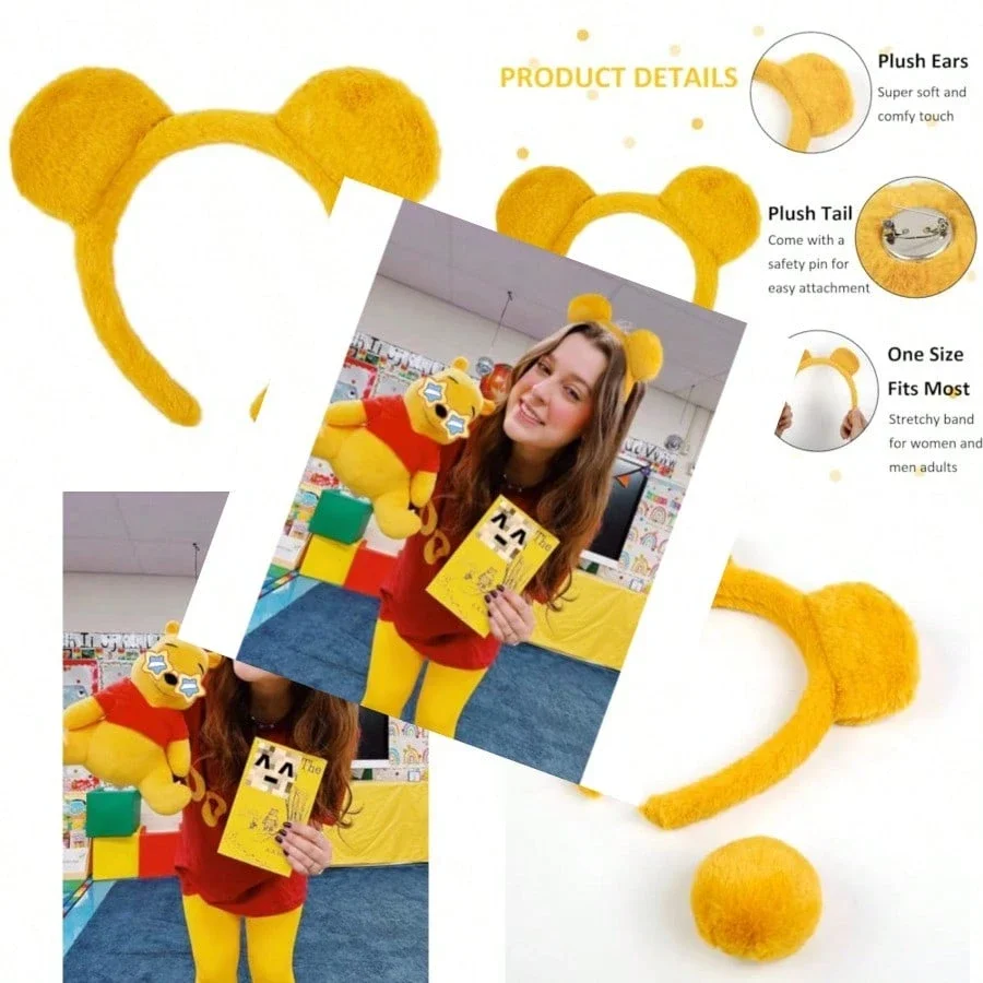 

Желтая плюшевая повязка на голову с медвежьими ушками и хвостом, аксессуар для костюма для женщин и взрослых
