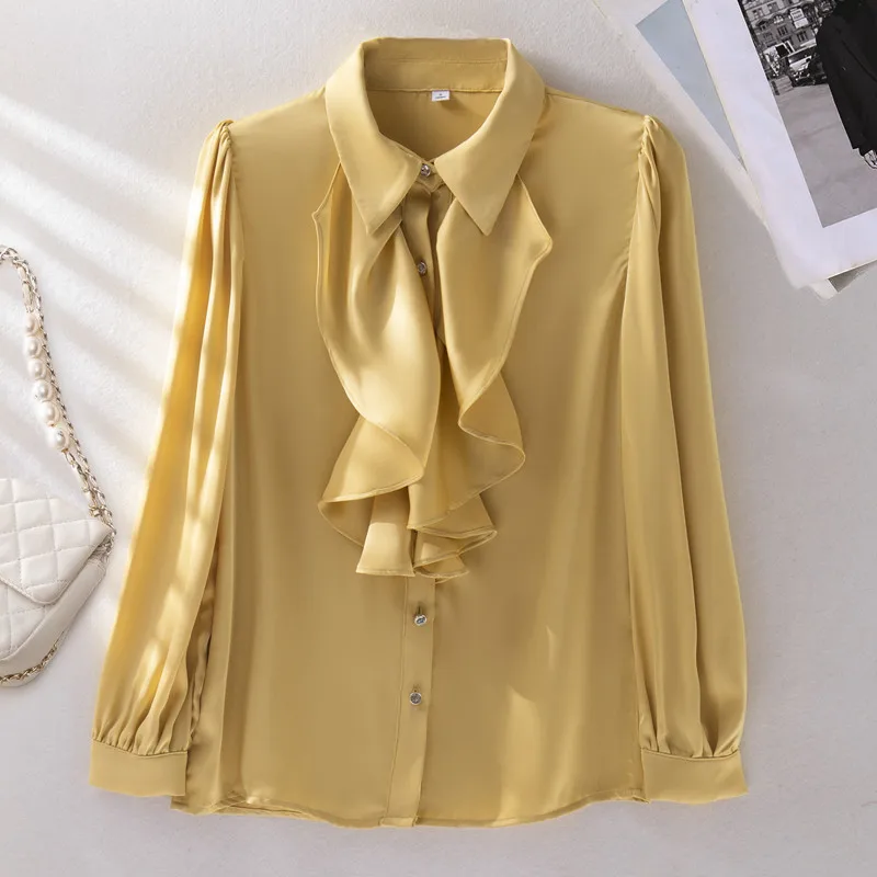 NAVIU Yellow Ruffles Shirt for Women Formal Long Sleeve Blouses Office Lady Work Tops Elegant Temperament White New