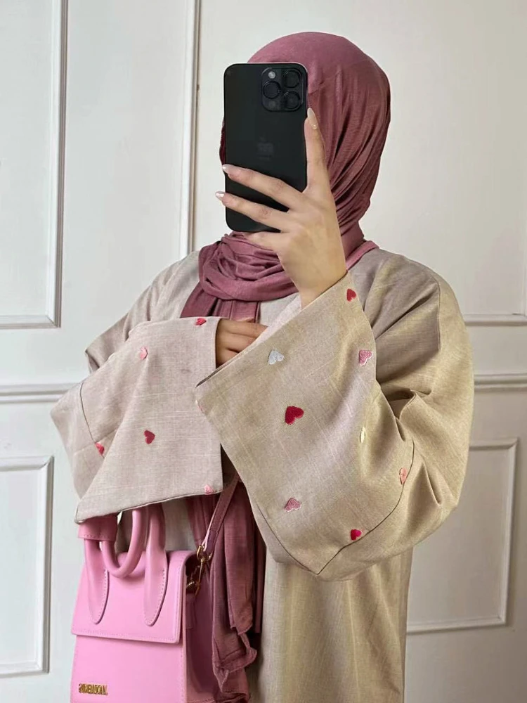 Love Heart Embroidery Muslim Abaya For Women Eid Dress Morocco Ramadan Lace-up Abayas Kaftan Islam Cardigan Dubai Arab Long Robe