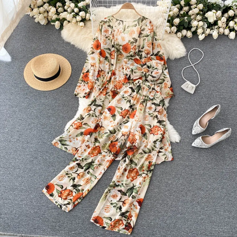 Vintage Print Women Three-Piece Sets Open Stitch Coat Pleated Tank Top High Waist Long Pants Korean Autumn High Street Clothing