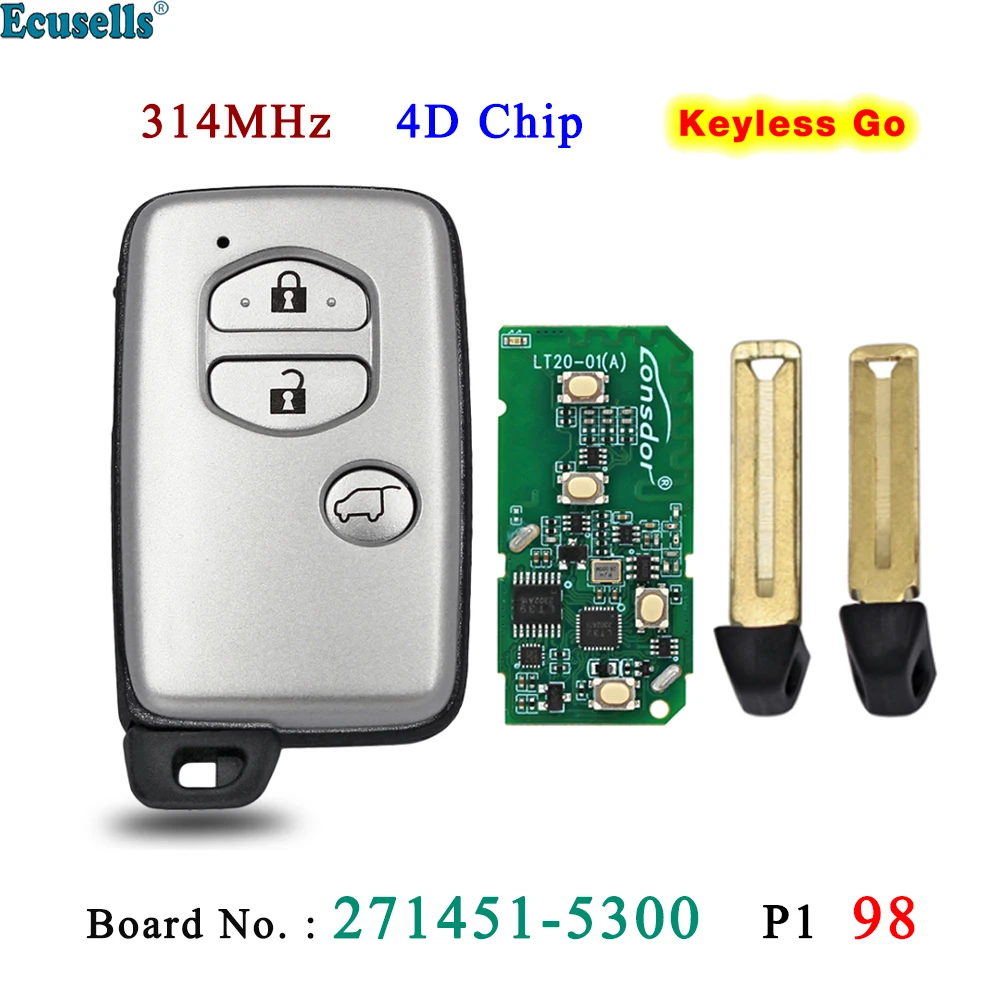 Ecusells 3 Button Smart Prox Remote Key Fob 314MHz 4D Chip Board 271451-5300 for Toyota Land Cruiser Prado 150 series 89904-6049