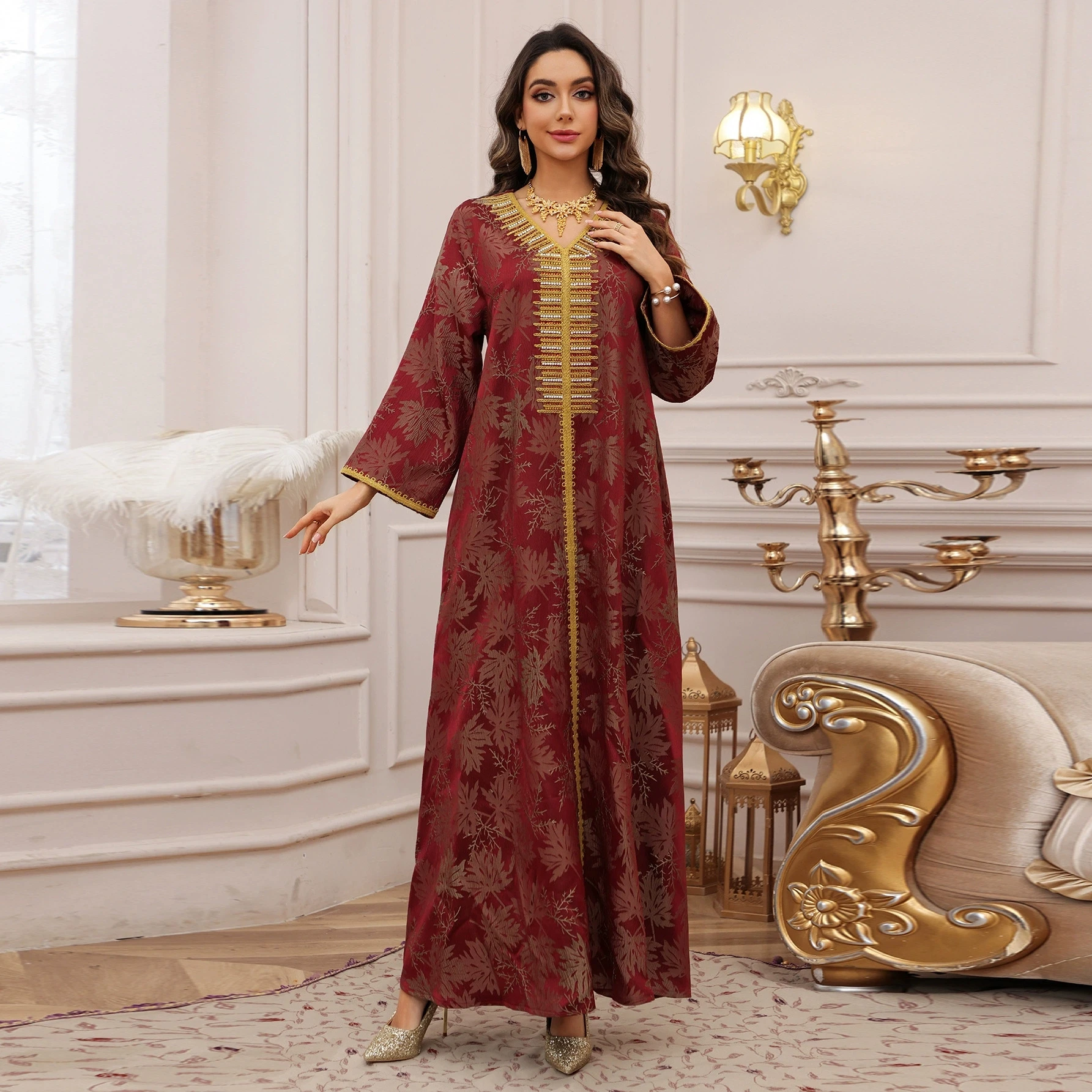 Satin Ramadan Party Dress for Women Mulsim Abaya V Neck Diamond Jalabiya Dress Maxi Robe Moroccan Caftan Party Vestidos