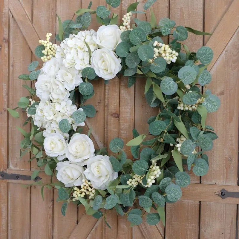 

Spring Simulation White Rose Eucalyptus Leaf Fruit Wreath Holiday Decoration Patio Door Decoration Wall Hanging Wreaths