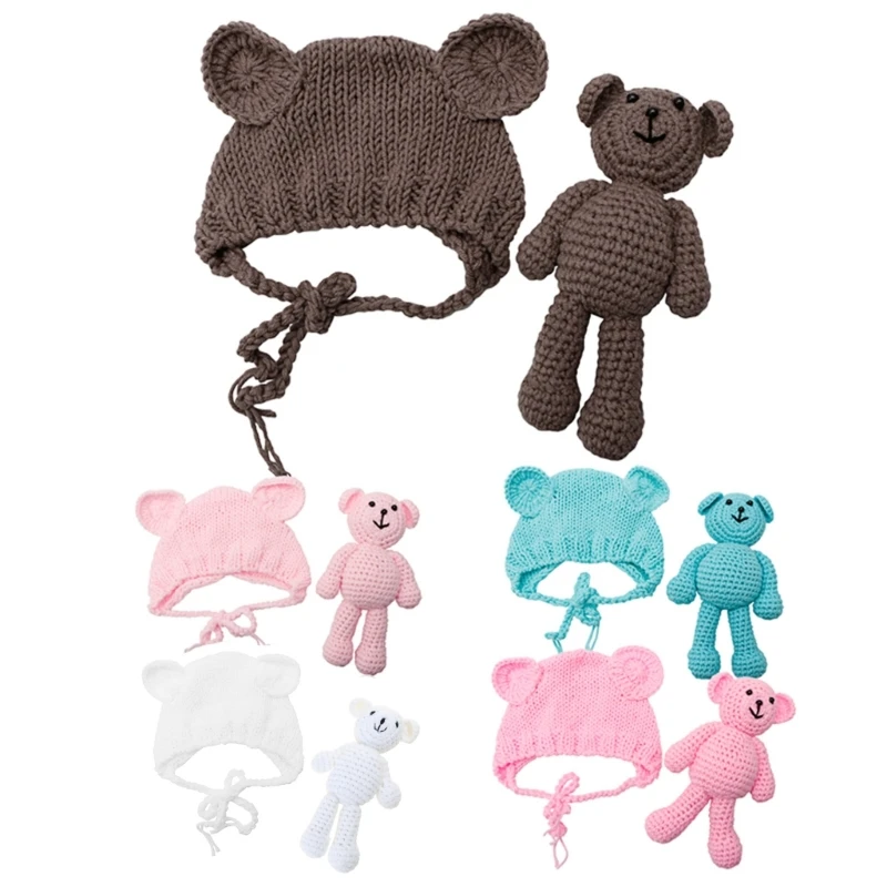 

N80C Hat Bear for Newborn Photography Crocheting Knitted Knit Outfits for Baby Boys Girls with Bear