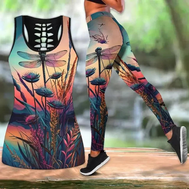 

Summer Fashion Womens Sport Vest Suits Leisure Suits Dragonfly Flower Print Tank Tops Leggings Suit