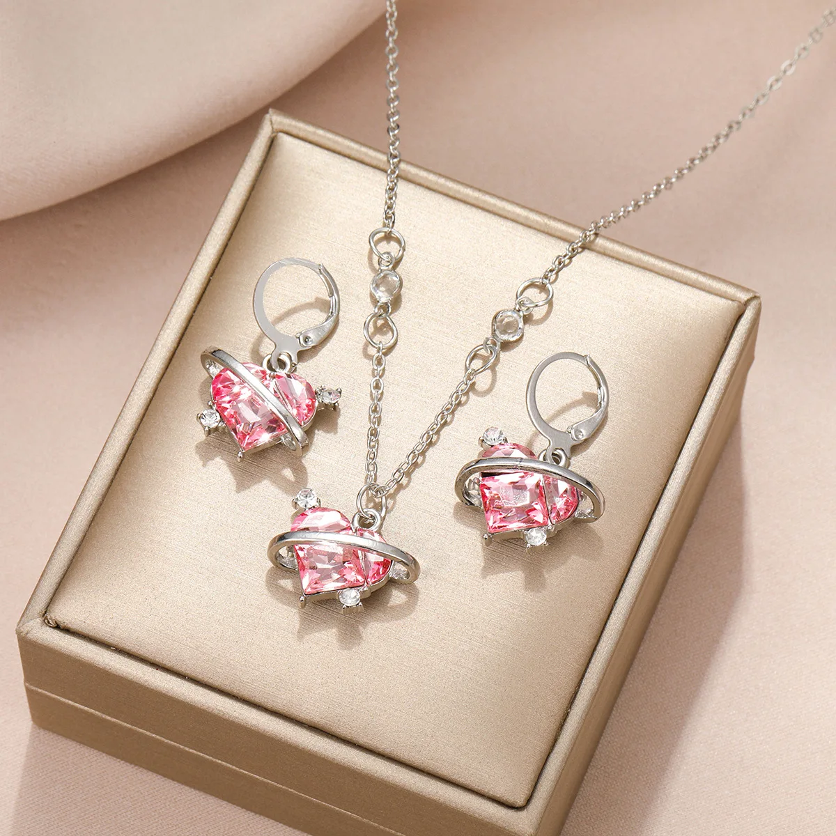 harong 3PCS/Set Y2k Heart Crystal Zircon Earrings Necklace Fashion Exquisite Pink Jewelry Collar Accessories Gift for Women Kids