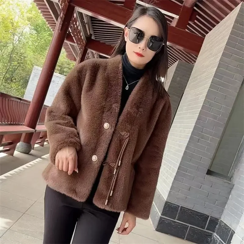 ใหม่เสื้อขนสัตว์หญิงฤดูใบไม้ร่วงฤดูหนาว 2025 คุณภาพสูง Mink Velvet แจ็คเก็ตผู้หญิง V คอเสื้อขนสัตว์แฟชั่น Outwear เสื้อสเวตเตอร์ถัก Overwear