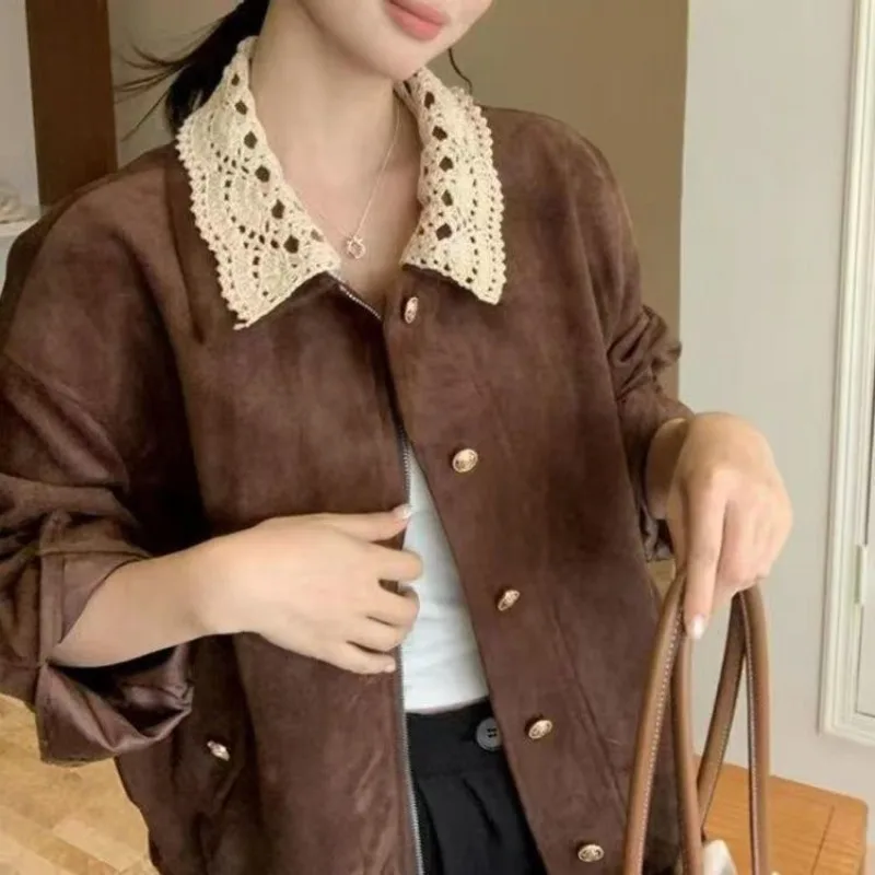 2026 New Women Lapel Jacket Vintage Brown Suede Short Coat Loose Detachable Lace Collar Spring Autumn Outerwear