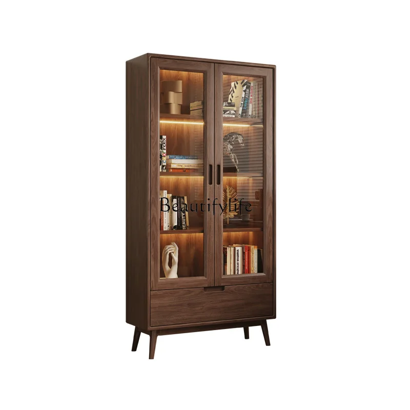 

Black walnut combination bookcase All solid wood Modern simple display bookcase Glass door Locker