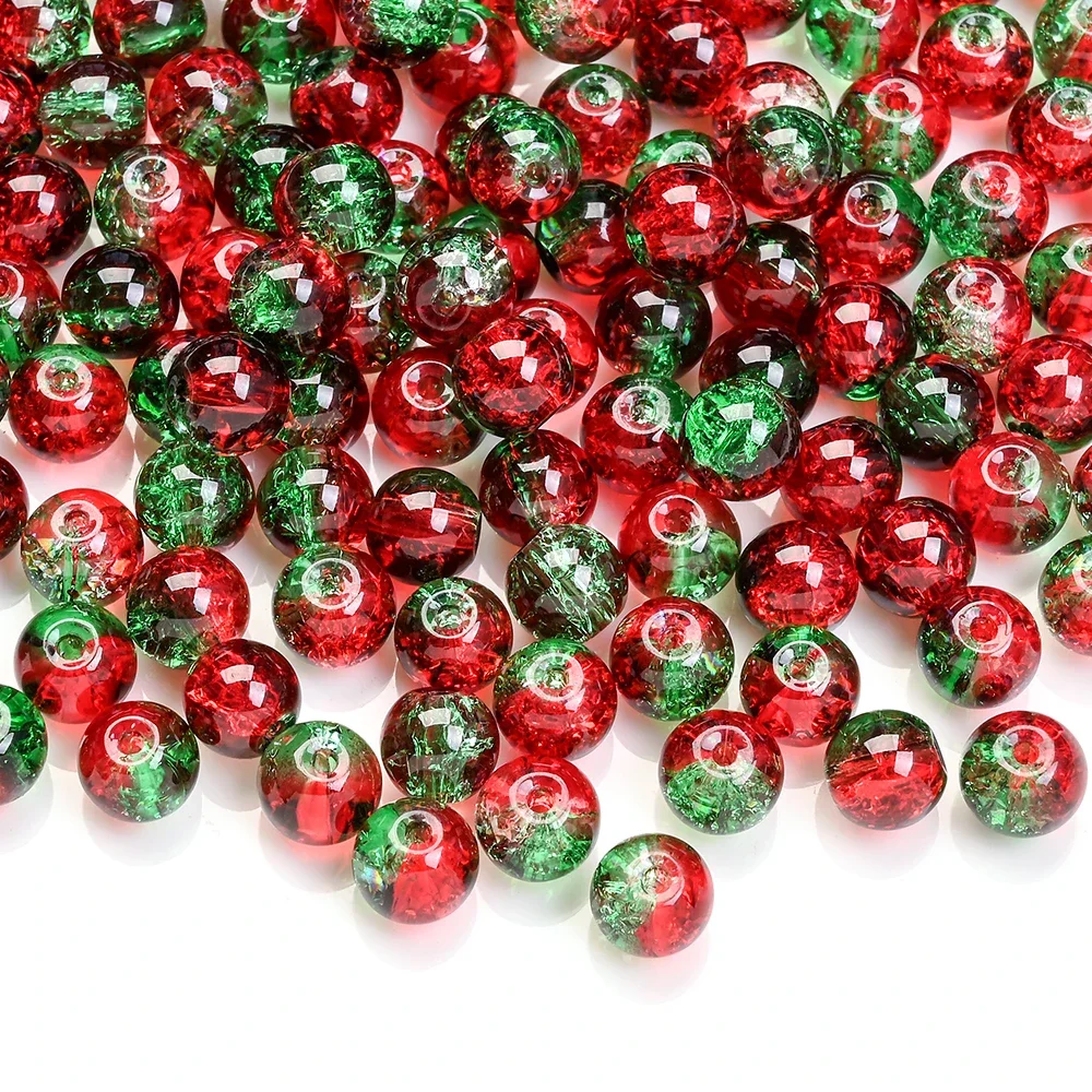 50/100pcs 8mm Christmas Crystal Glass Beads - Red & Green Gradient Crack Spacer Beads for DIY Jewelry (Bracelet/Necklace)