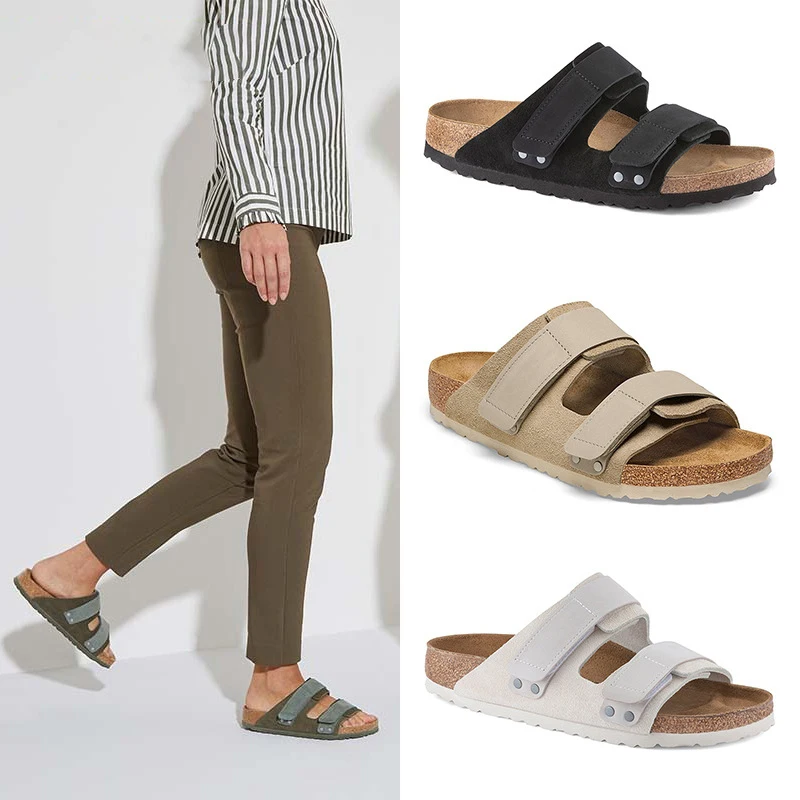 

Genuine leather cork slippers for outdoor wear, suede Velcro German-style sandals, slide sandals,Arch Support