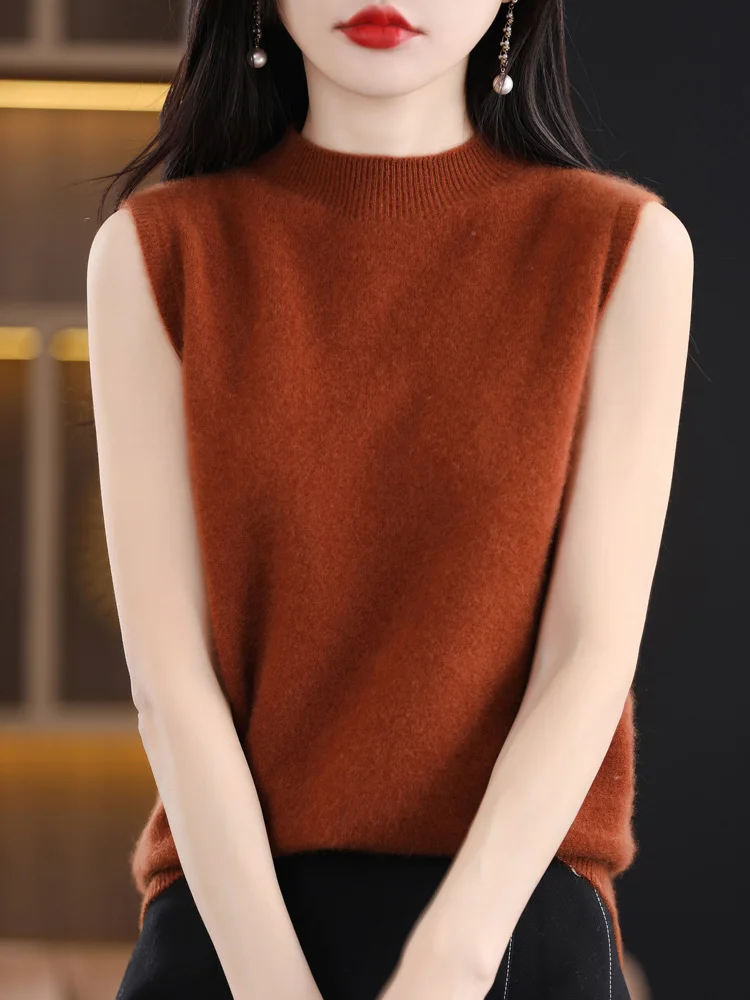 100% Zuivere Wollen Trui Gebreid Pullover Vest Dames Mock Neck Soild Mouwloos Los Basic Veelzijdig Vest Herfst Winter