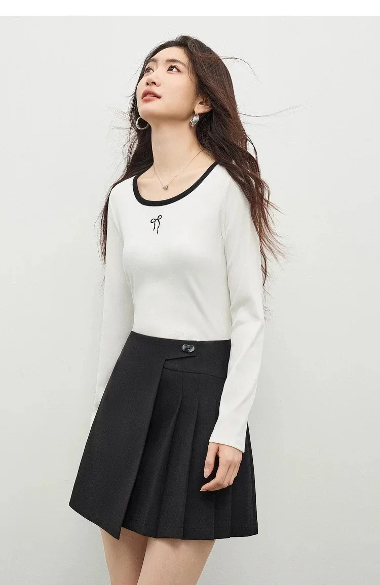 SENTUBILA Damen Schwarze T-Shirts 2026 Herbst Rundhals Schleifenstickerei Langarm Strick-Oberteil Damen Slim Fit T-Shirts 161TD5953 – Detail 16
