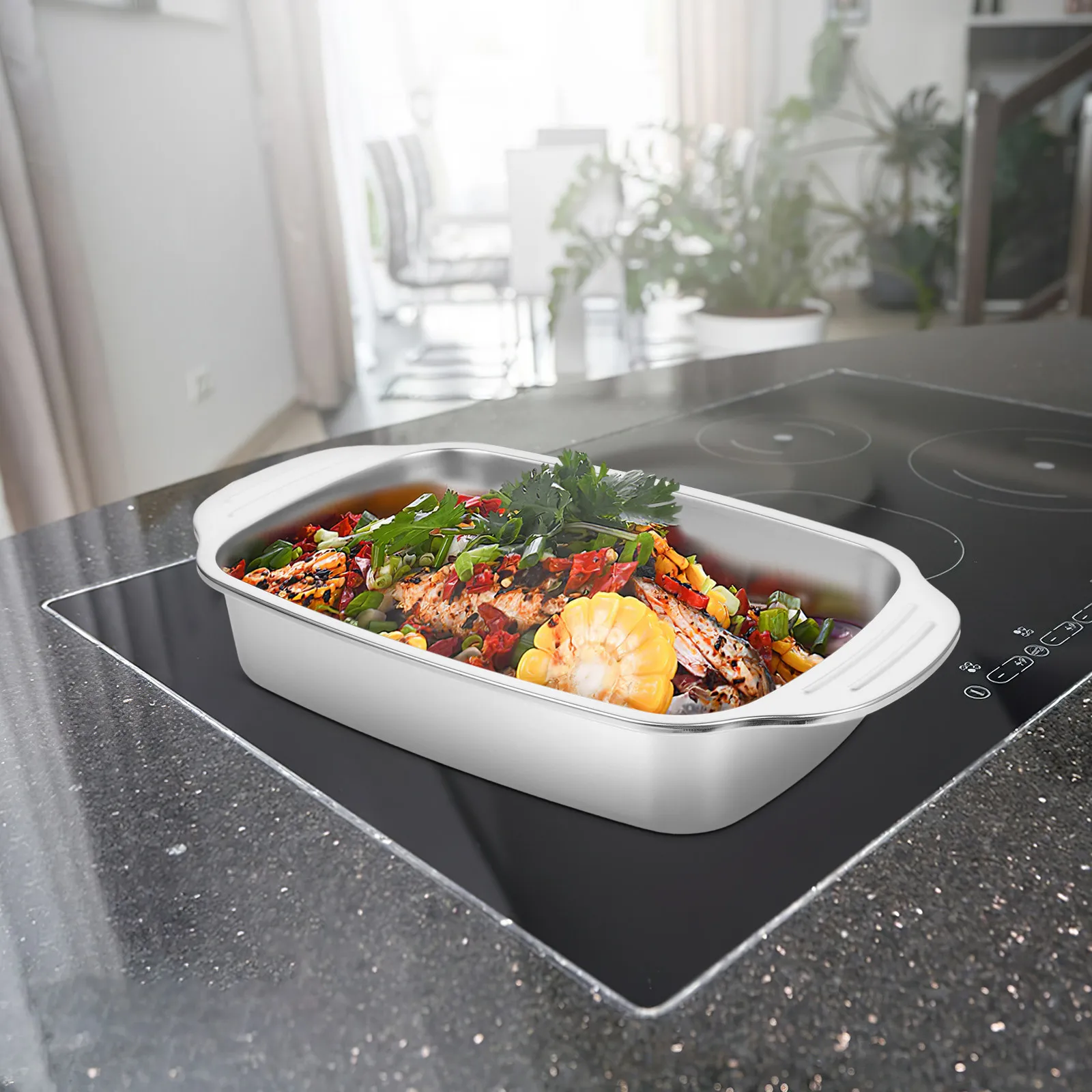 Rectangular Stainless Steel Roasting Pan Grilled Fish Tray Multipurpose Baking Plate Bbq Induction Cooker Metal Tray view 2