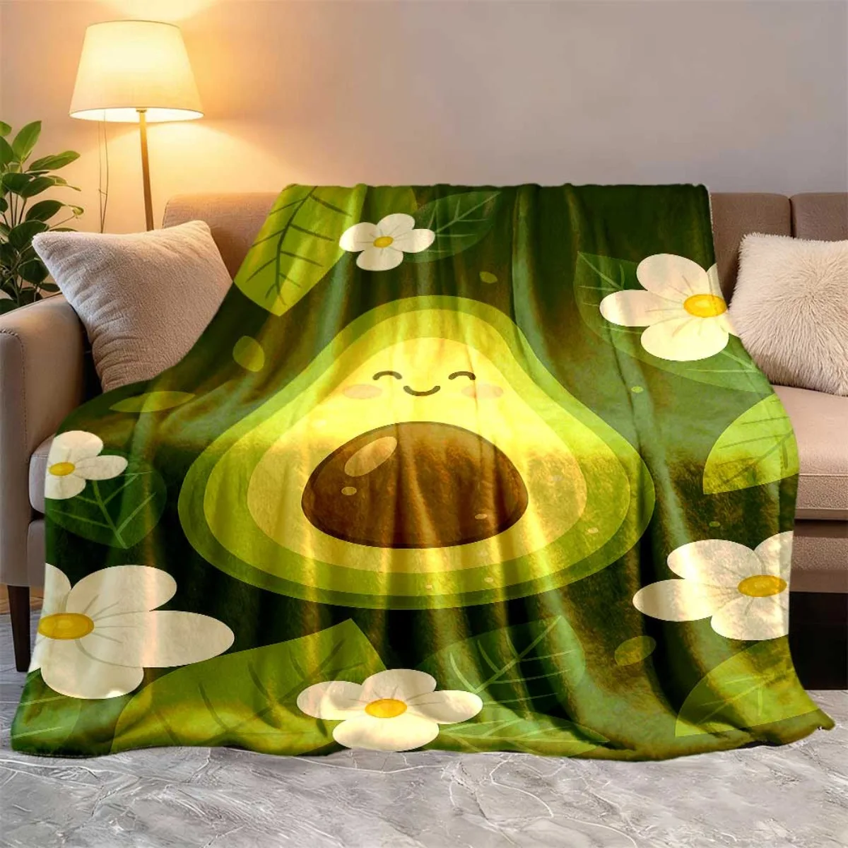 1pc Soft Flannel Blanket with Cute Cartoon Avocado and Floral Print | Lightweight and Portable, All-Season Blanket, Suitable for