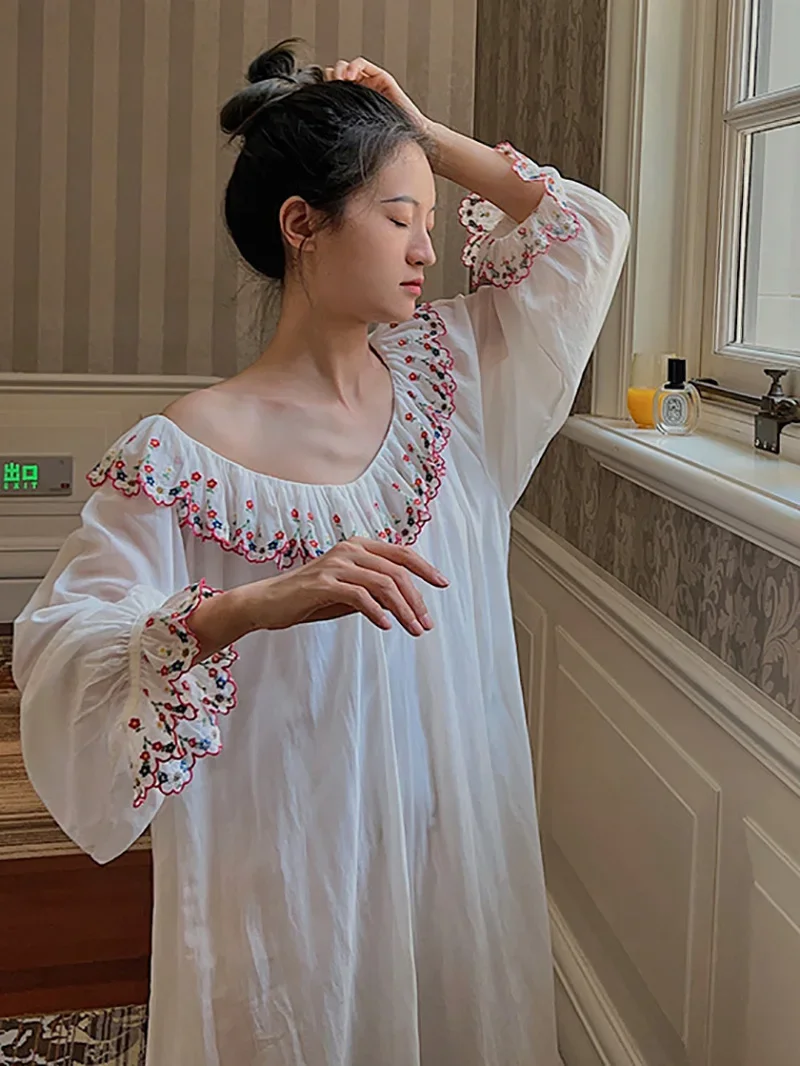 Women French Fairy Vintage Princess Night Dress Embroidery Sweet Two Piece Sets Pajamas Long Sleeve Ruffles Victorian Nightgowns