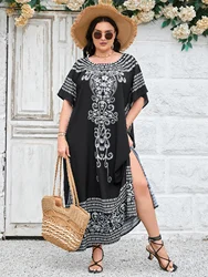 Plus Size Boho Cover Up, damskie Plus krawat Dye i wzór serca rękaw w kształcie skrzydła nietoperza dekolt Maxi okrycie plażowe do góry