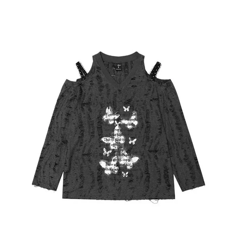 Women Trendy Vintage Butterfly Print Tees Sexy Hole Off Shoulder Streetwear Harajuku T-shirt E Girl Y2K Gothic Long Sleeve Tops