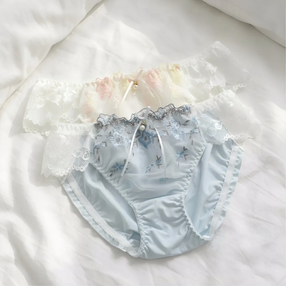 Underpants Cotton Crotch Lace Briefs Sweet Bow Lace Embroidered Panties Mesh Mid Waist Women Underwear Gifts