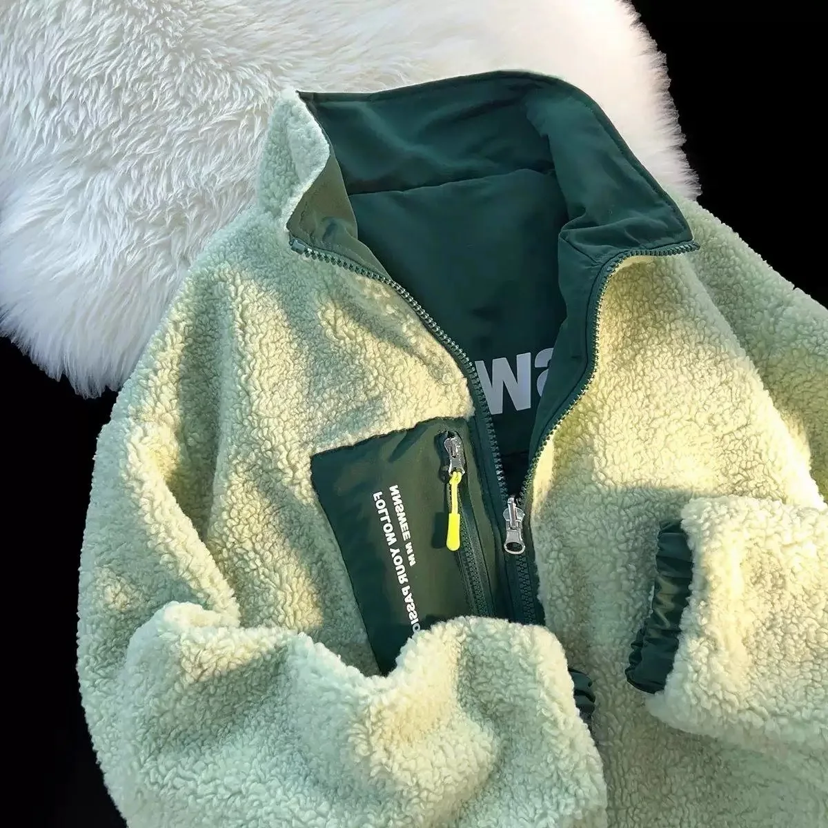 Women's Two-In-One Reversible Jacket Soft Sherpa Fleece & Durable Nylon, Stand Collar Zip Up, Mint Green Casual Outerwear