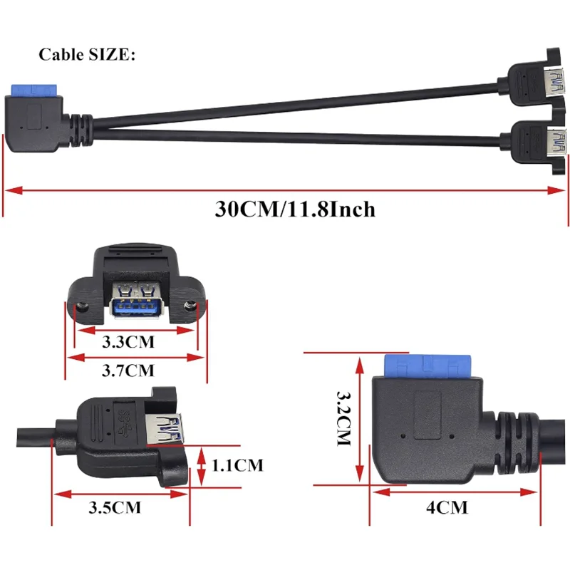 20Pin Fe-Male to Dual Port USB 3.0 A Female Panel Cable USB 3.0 Motherboard 19/20 Pin Female to 2 Ports 90 °Right Elbow