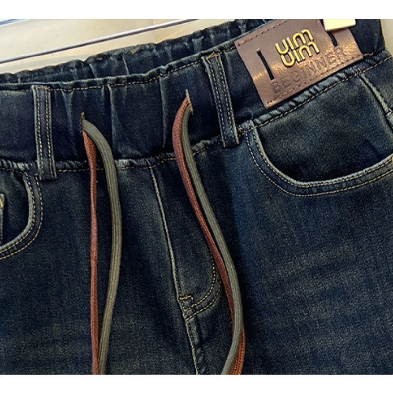 Elastic Waist Denim Straight-leg Pants Women 2025 Summer Thin Korean Version Retro Loose High Waist Wide-leg Pants