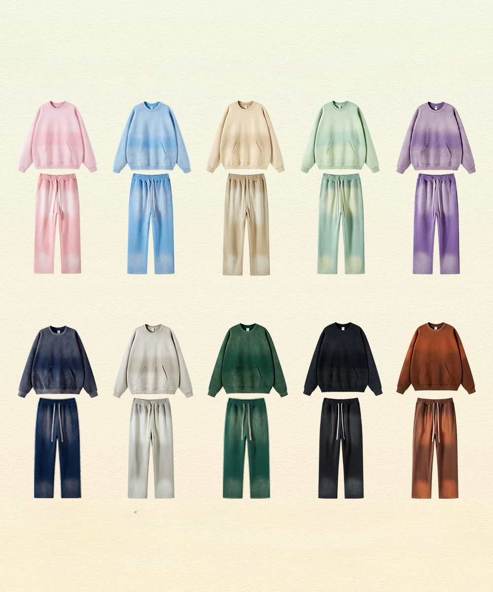 

2023 autumn and winter spray dyed old round neck worn washed men's and women's sweater pants suit