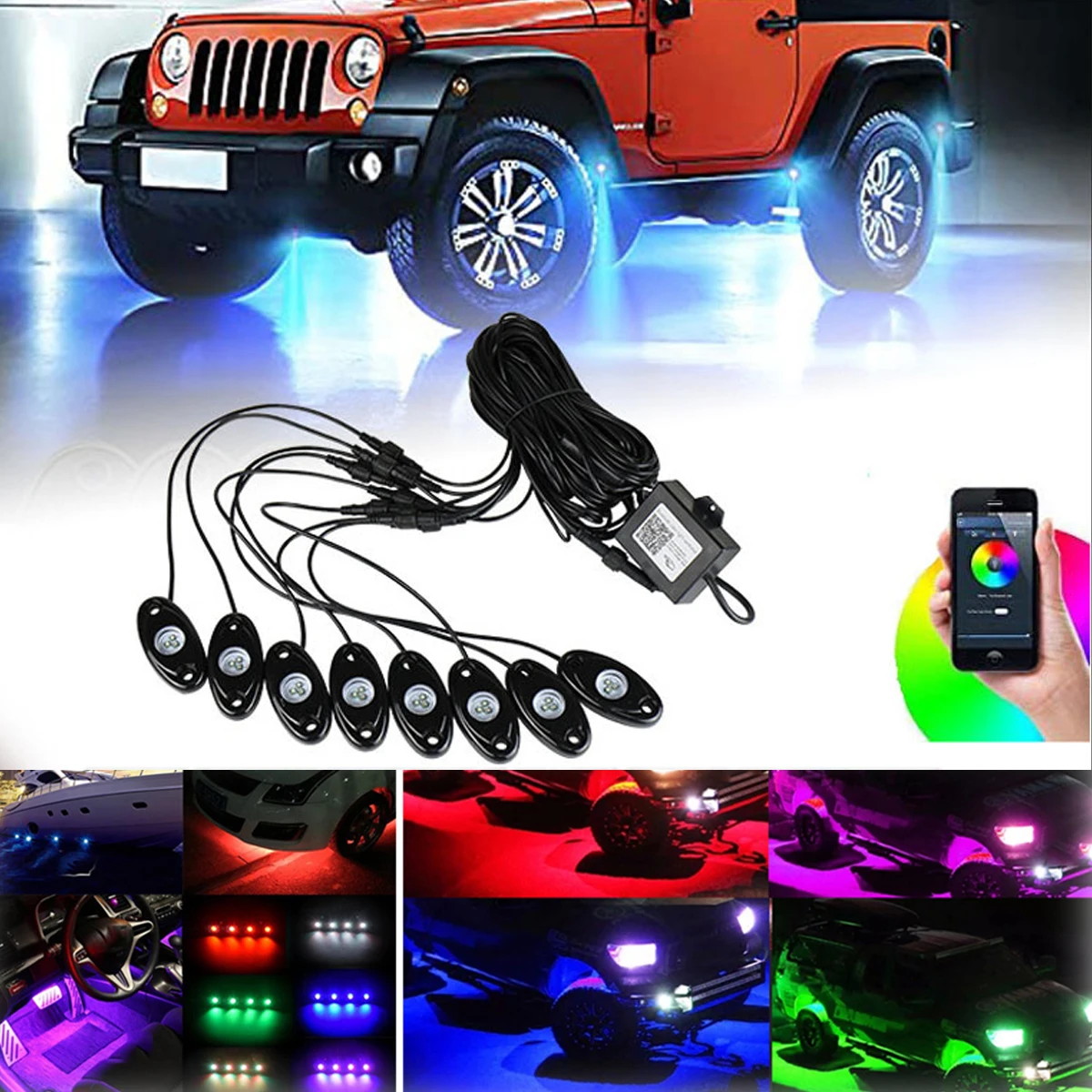 

4/8 in 1 Pods RGB LED Rock Lights Kit Car Atmosphere Lamp for Offroad Truck SUV 4x4 ATV Boat LED Underglow Trail Rig Deck Lights