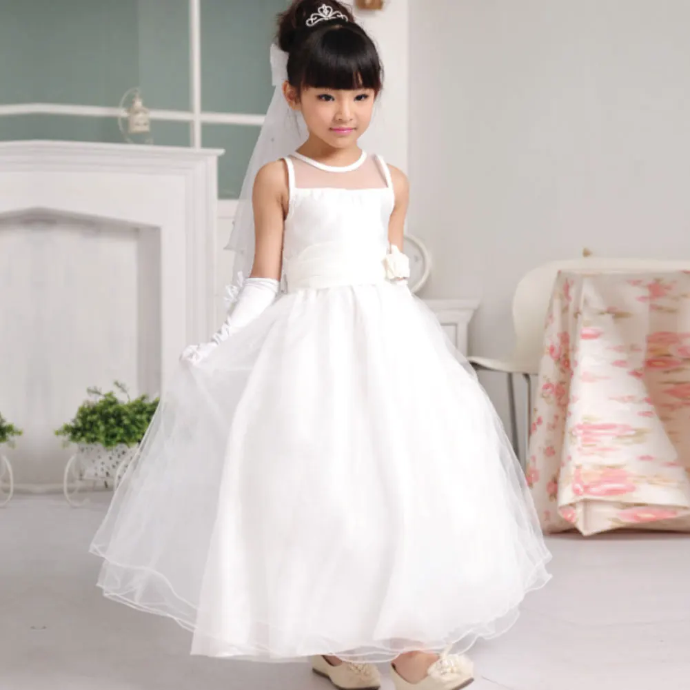 Girls White Dress Lace Mesh Princess Dresses for Party Wedding Flower Bow Belt Children\'s Party Clothes