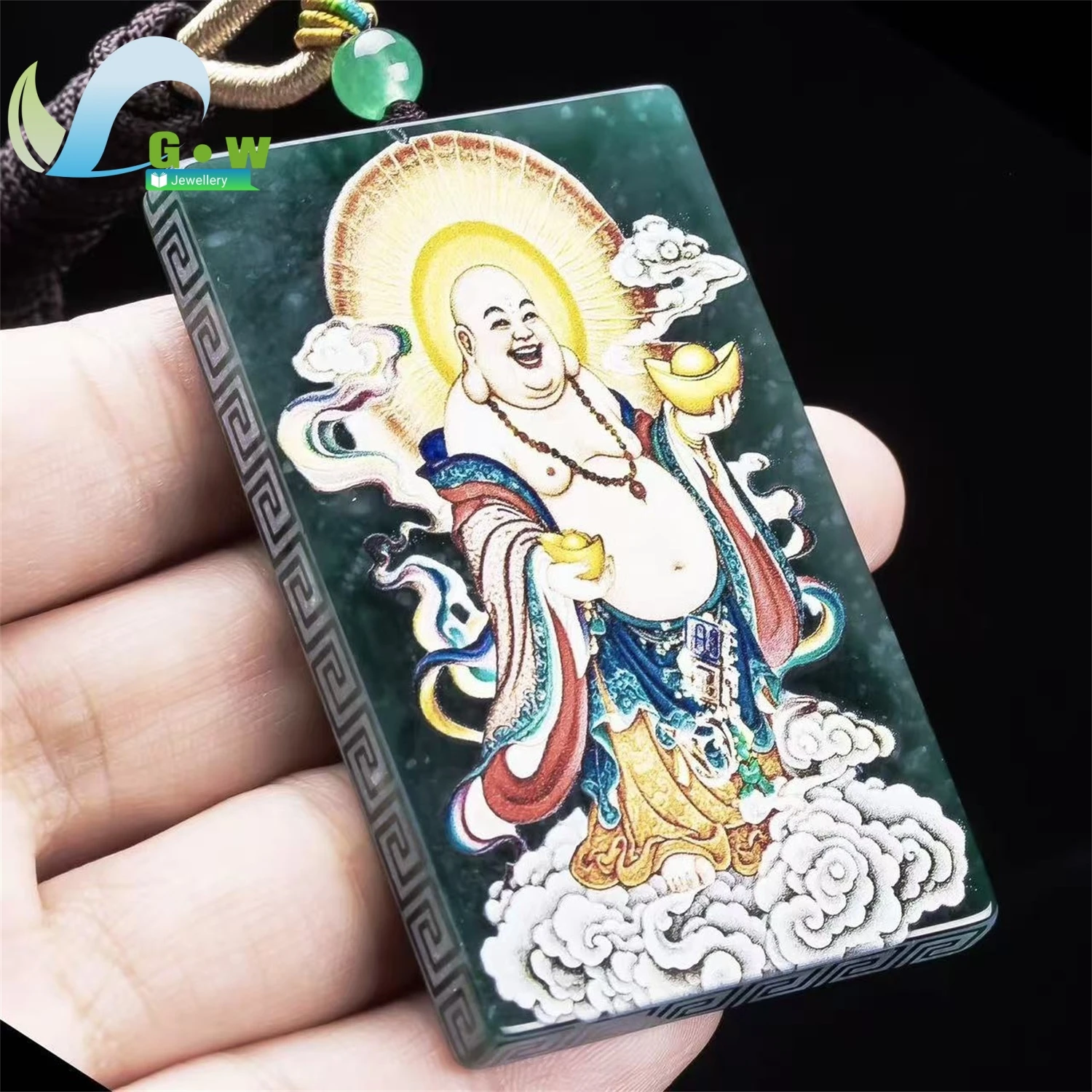 Natural Grade A Jadeite Blue Water High Ice Maitreya Buddha Plaque Pendant Double Side Art Print Hanging Amulet Necklace Unisex