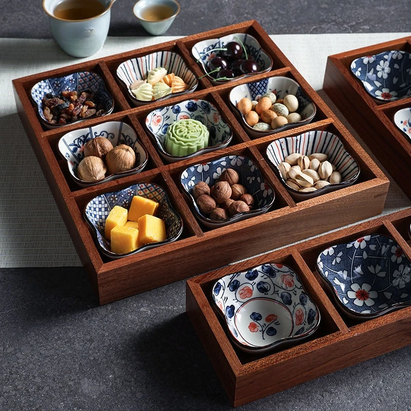Furnace Brewed Tea Chinese Tea Point Plate Wooden Tray Multi-grid Dried Fruit Plate Snack Solid Wood Grid Fruit Plate