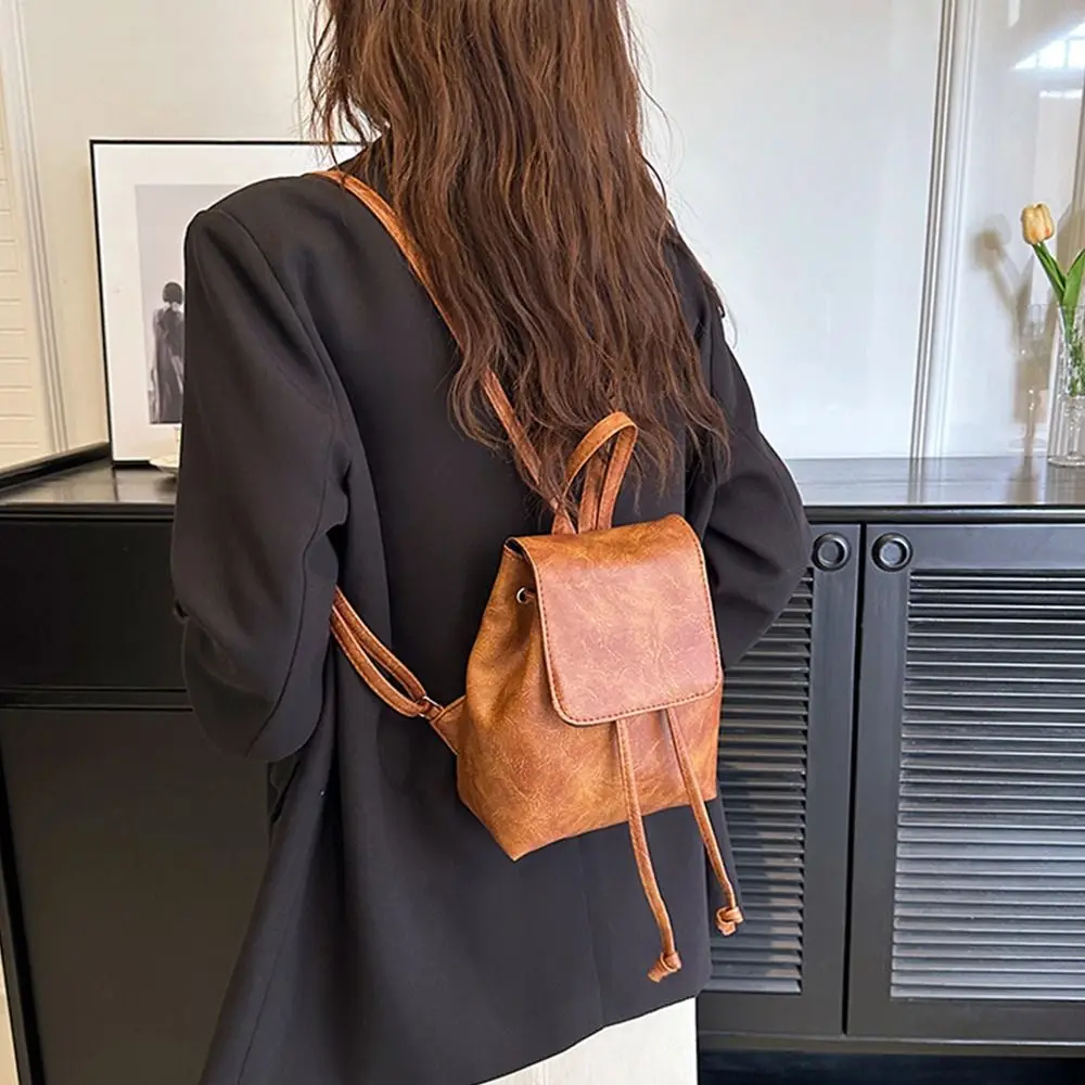 Simple PU PU Backpack Small Pack Brown Solid Color Shoulder Bag Solid Color Korean Style Retro Backpack Outdoor