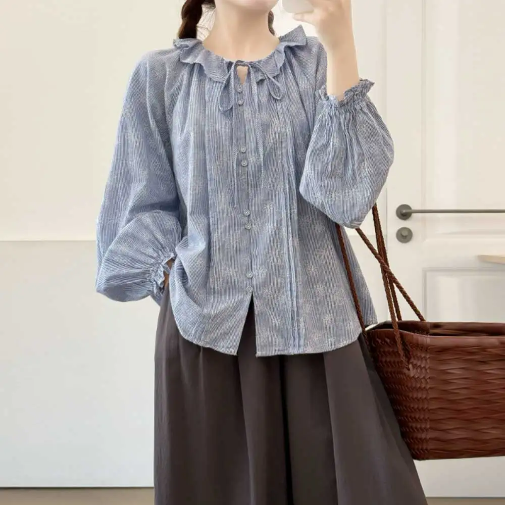 

Японские винтажные полосатые хлопковые рубашки Mori Girl, женские осенние рубашки на шнуровке с рюшами и длинными рукавами-фонариками, повседневная свободная блузка, топ