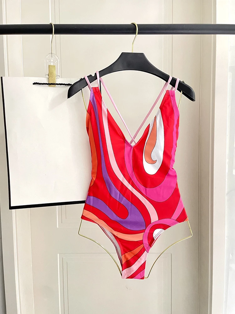 Summer Fashion Beach Style Party Sexy Geometric Print One-piece Swimming Suit Women's Spaghetti Strap High Waist Slim Romper