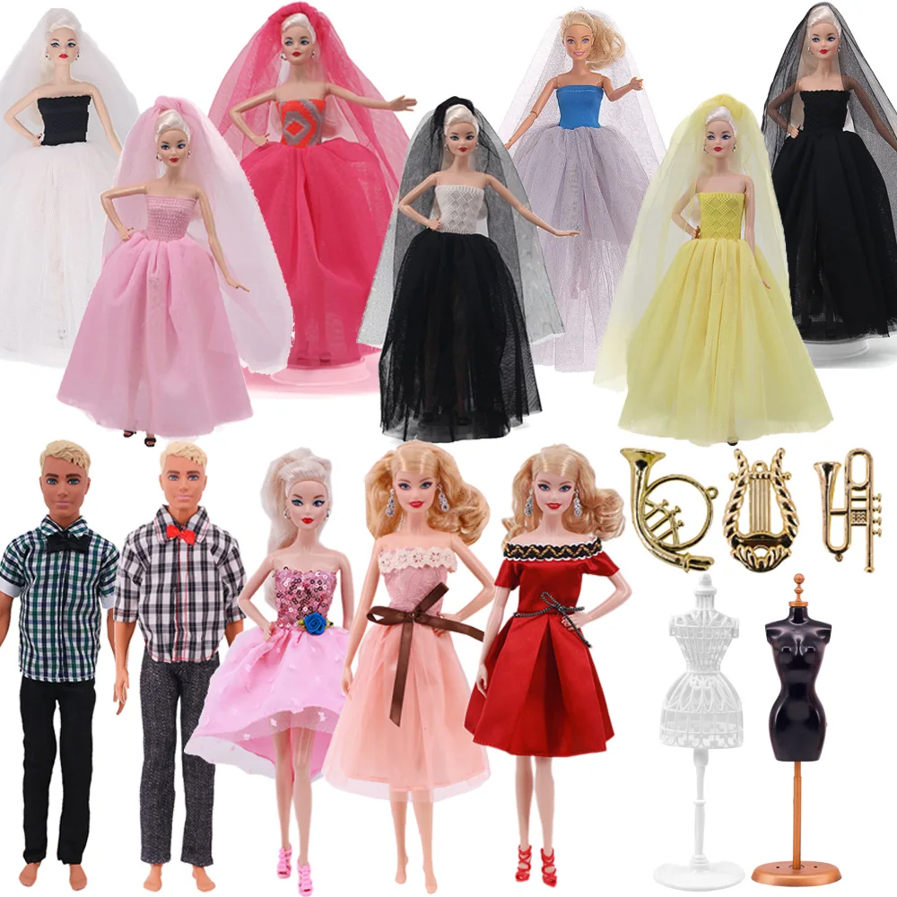 Barbies Quần Áo Búp Bê Tay Áo Cưới Với Gân & Phù Dâu & Rể Quần Áo Cho Barbies Búp Bê Đẹp Cưới Phụ Kiện